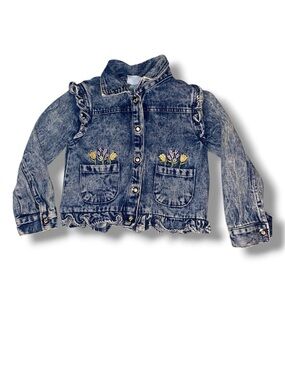 Little Lass acid-wash Blue Denim Jacket with Embroidered Flowers & Ruffled hem